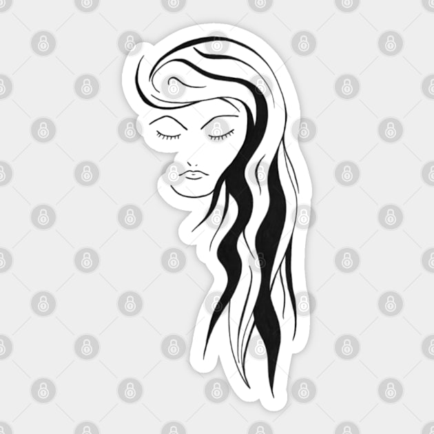 Black and white woman with long hair and eyes closed Sticker by Drawings by Wandersti